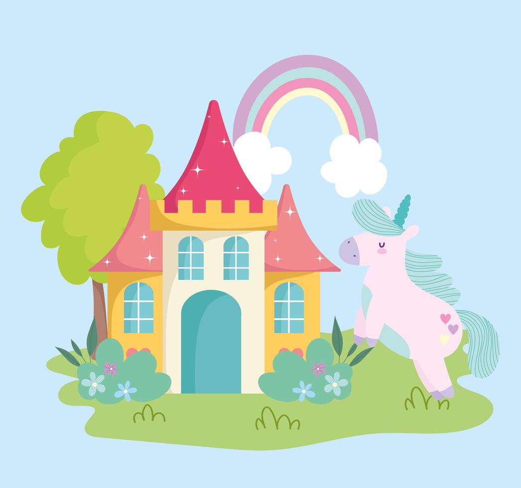 pequeño unicornio castillo arco iris fantasía magia animal dibujos animados vector