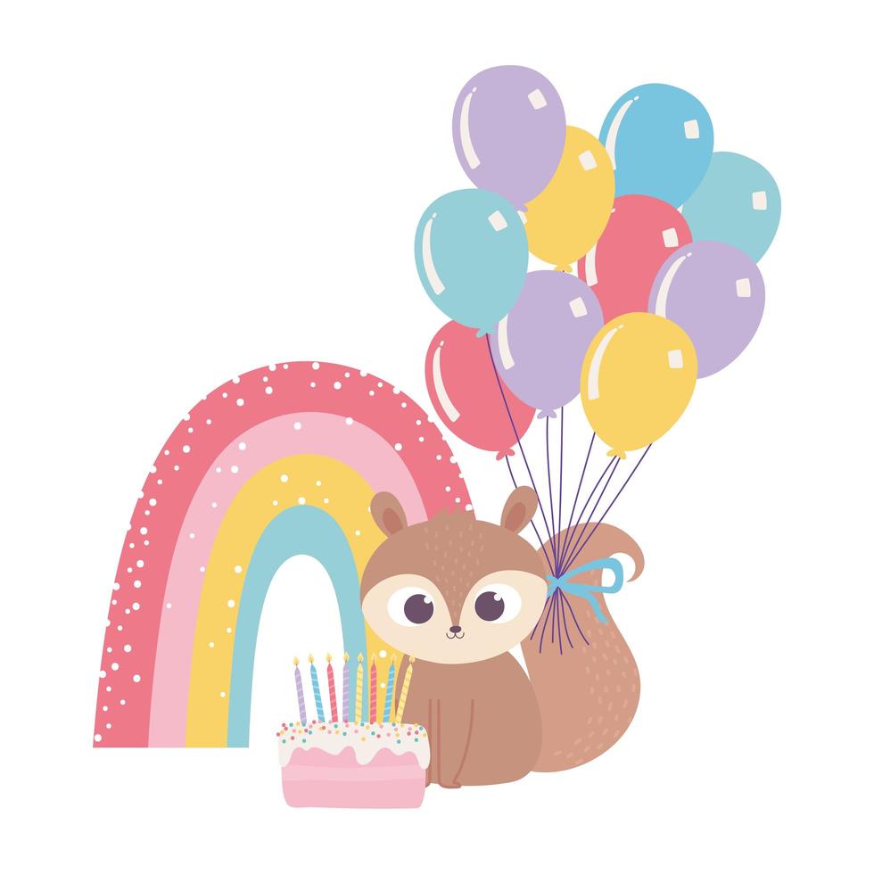 feliz cumpleaños, linda ardilla con pastel globos arco iris celebración decoración dibujos animados vector