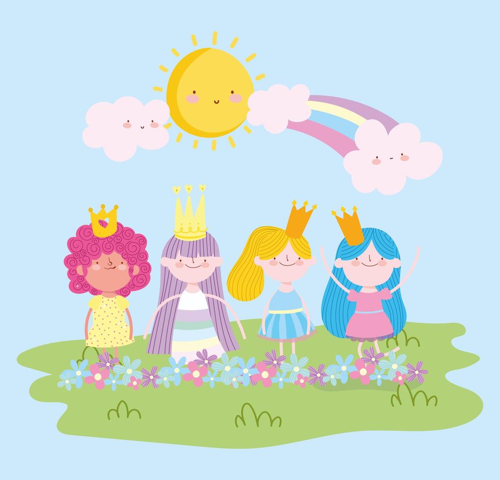 little fairies princess character with crown flowers and rainbow tale cartoon vector