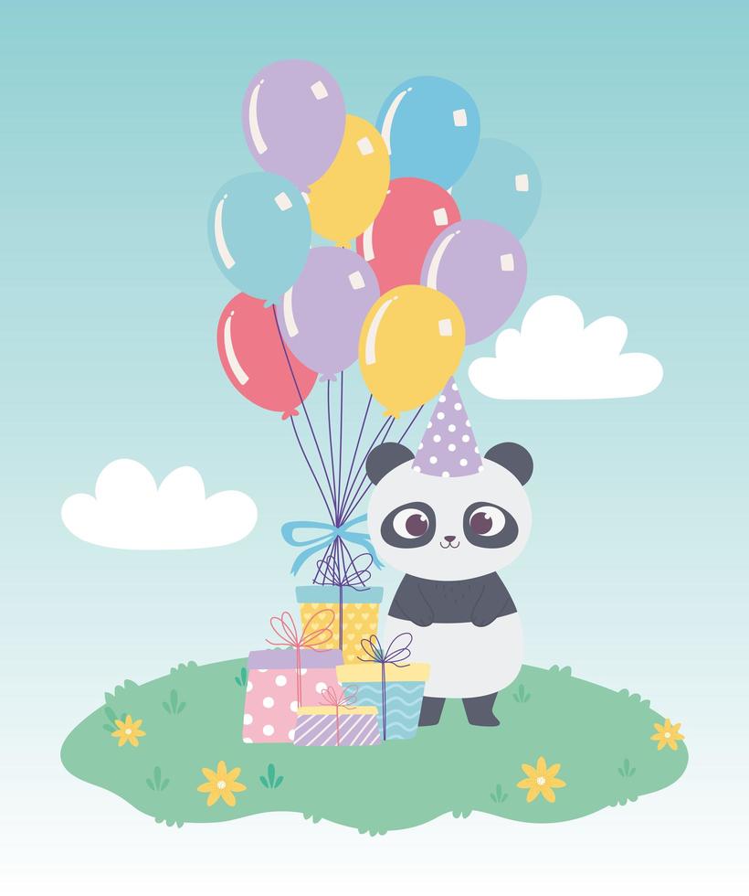 feliz cumpleaños, lindo panda con cajas de regalo y globos celebración decoración dibujos animados vector