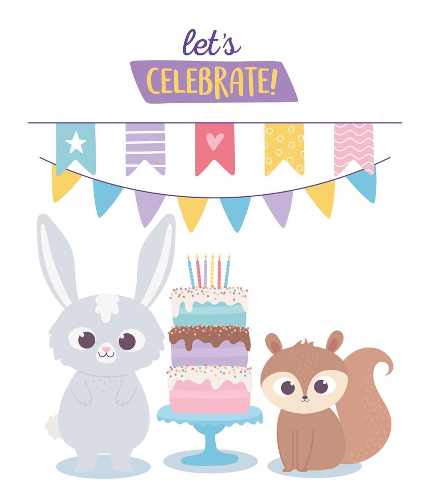 feliz cumpleaños, lindo conejo y ardilla celebración decoración dibujos animados vector