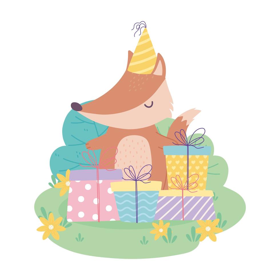 feliz cumpleaños, lindo zorro con gorro de fiesta y cajas de regalo, dibujos animados de decoración de celebración vector