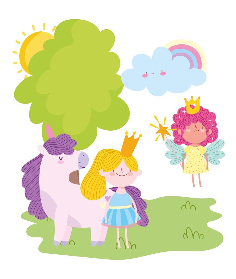 pequeña princesa de hadas volando con corona y dibujos animados de cuento de unicornio vector