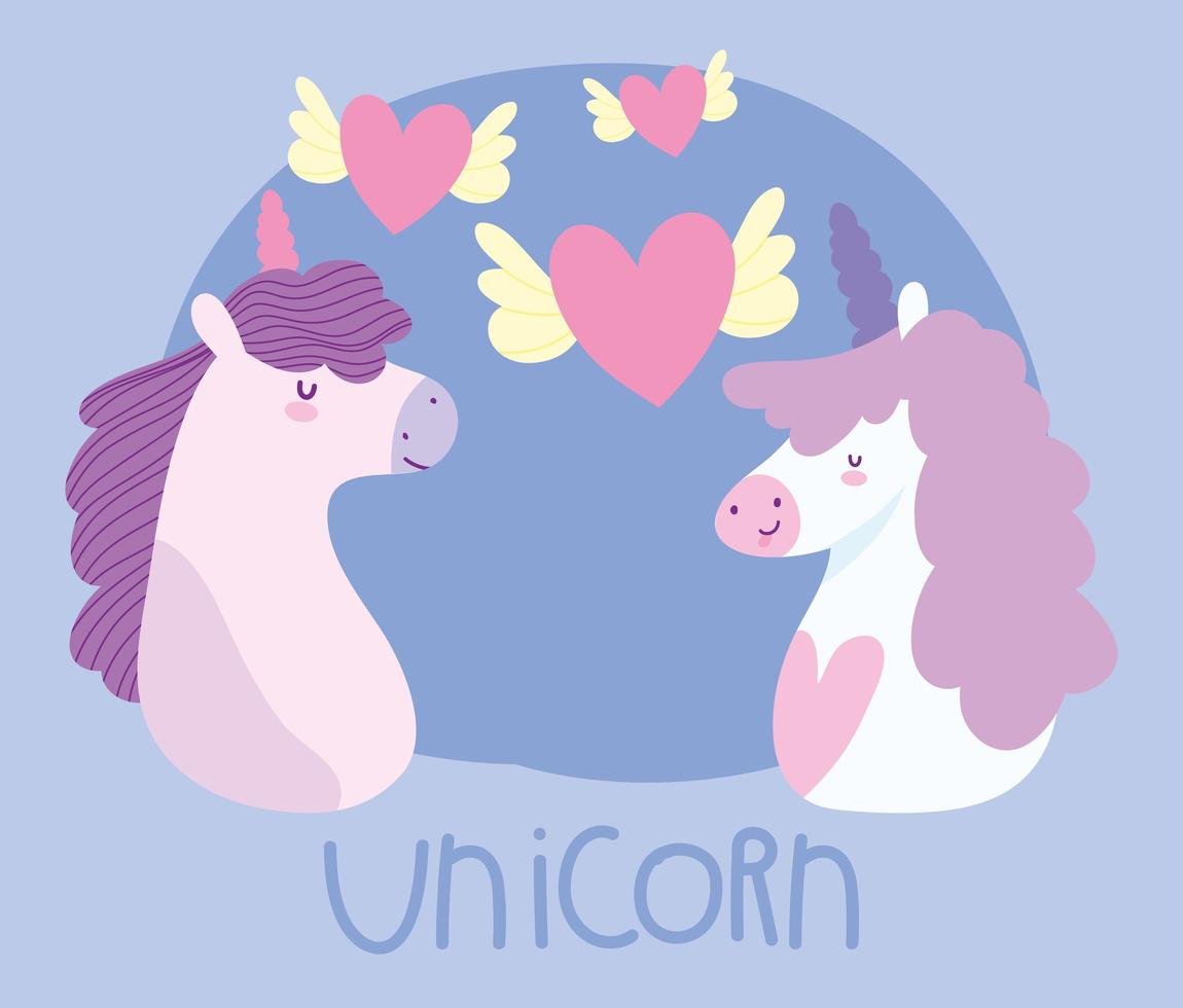 little unicorns with winged hearts fantasy magic animal cartoon vector