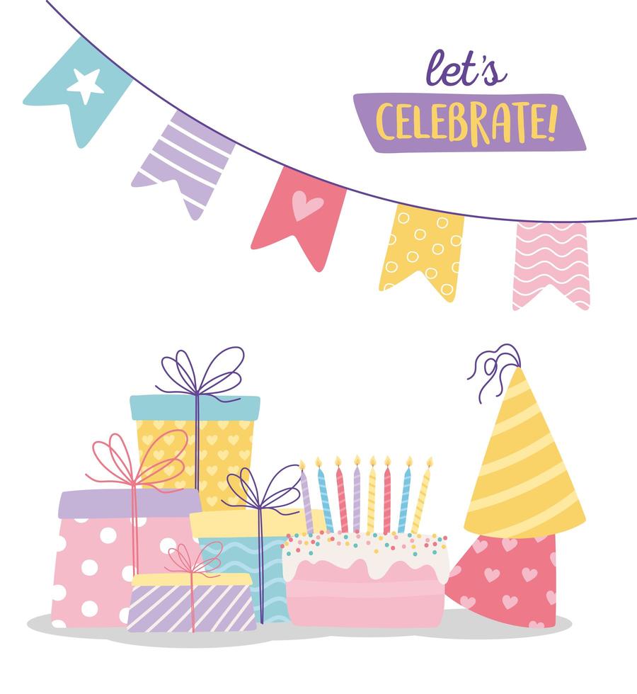 feliz cumpleaños, pastel dulce sombreros de fiesta cajas de regalo y banderines celebración decoración dibujos animados vector