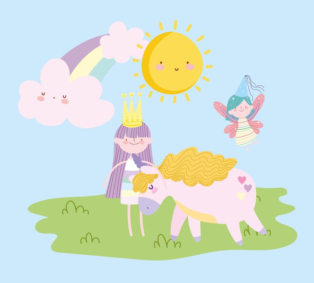 linda hada voladora princesa niña unicornio arco iris cuento dibujos animados vector