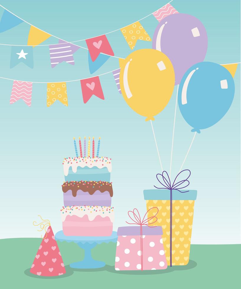 feliz cumpleaños, torta dulce, regalos, sombrero de fiesta, y globos, celebración, decoración, caricatura vector