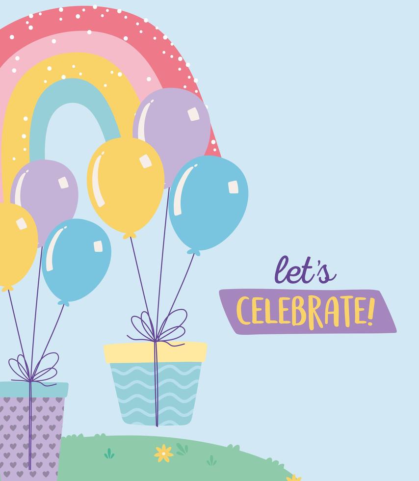 Feliz cumpleaños, cajas de regalo, globos y dibujos animados de decoración de celebración de arco iris vector