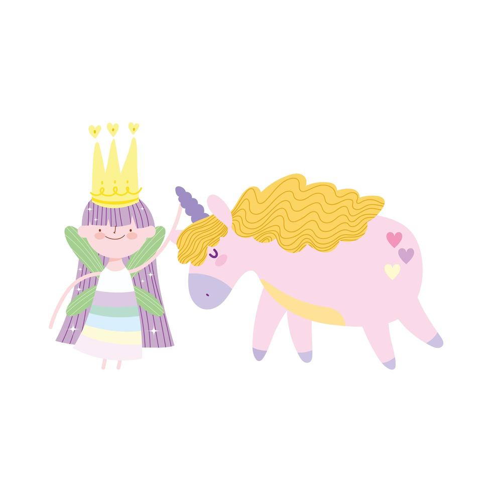 pequeña princesa de hadas con adorable cuento de unicornio mágico dibujos animados vector