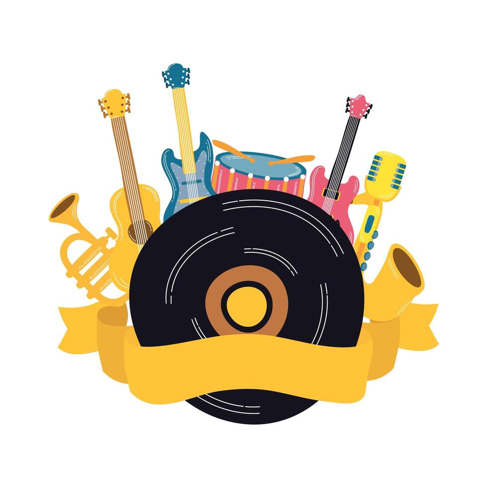 Disco de vinilo musical con instrumentos. vector