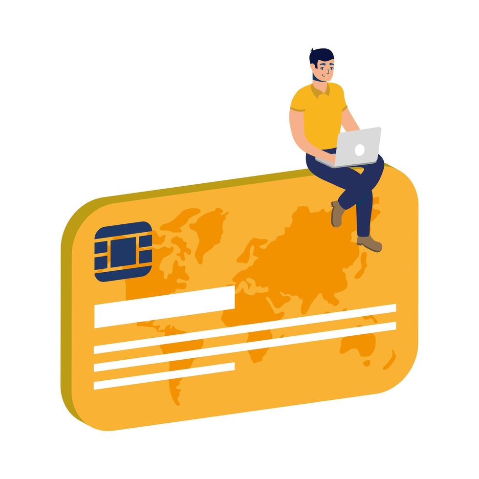 business online ecommerce with man using laptop and credit card vector