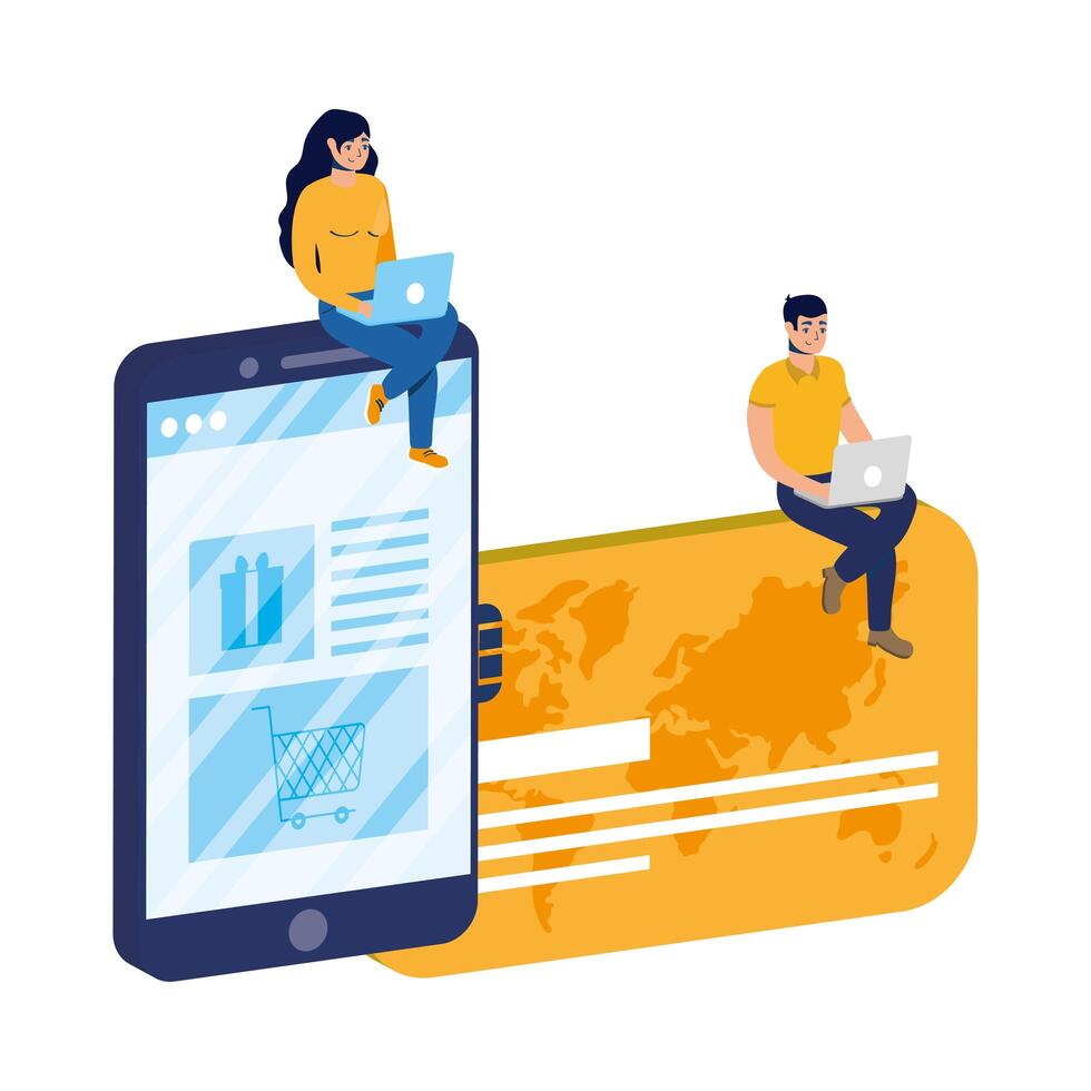 business online ecommerce with couple using laptop and smartphone vector