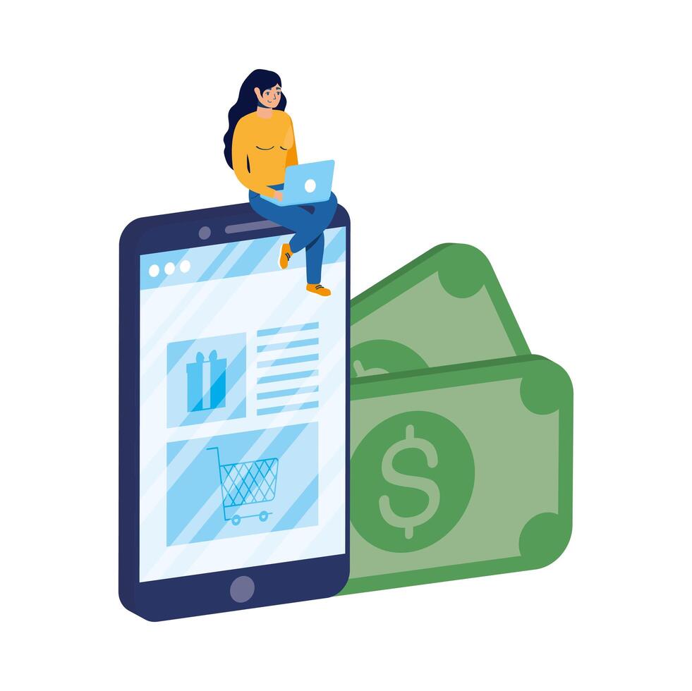 business online ecommerce with woman using laptop and smartphone vector