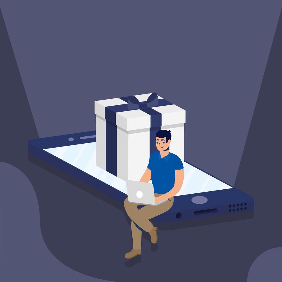 shopping online ecommerce with man using laptop and gift in smartphone vector