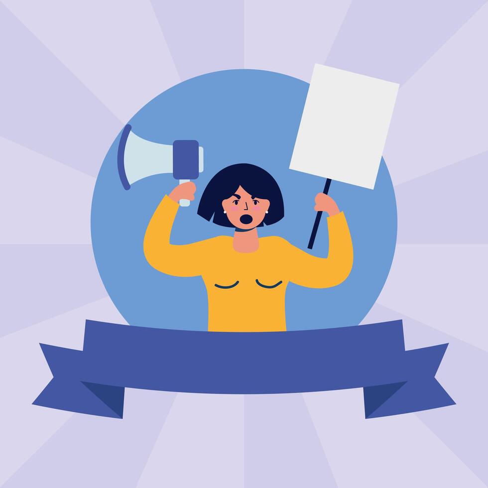 young woman protesting with megaphone and placard vector