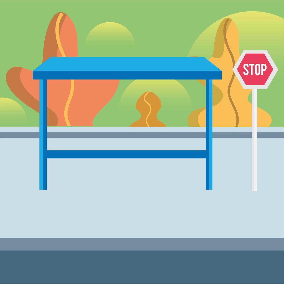 Bus stop with road sign vector design