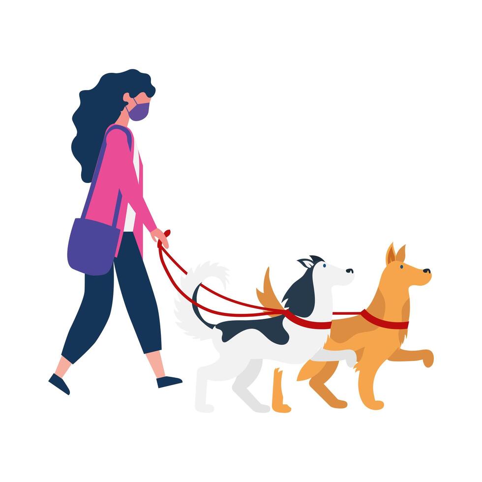 Woman with medical mask and dogs vector design