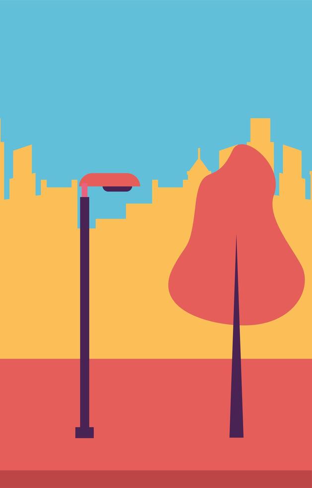 Park with tree and lamp in front of city buildings vector design