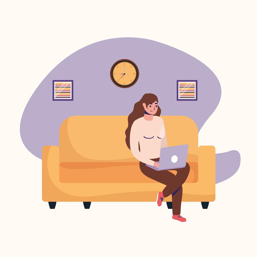 Woman with laptop on couch vector design