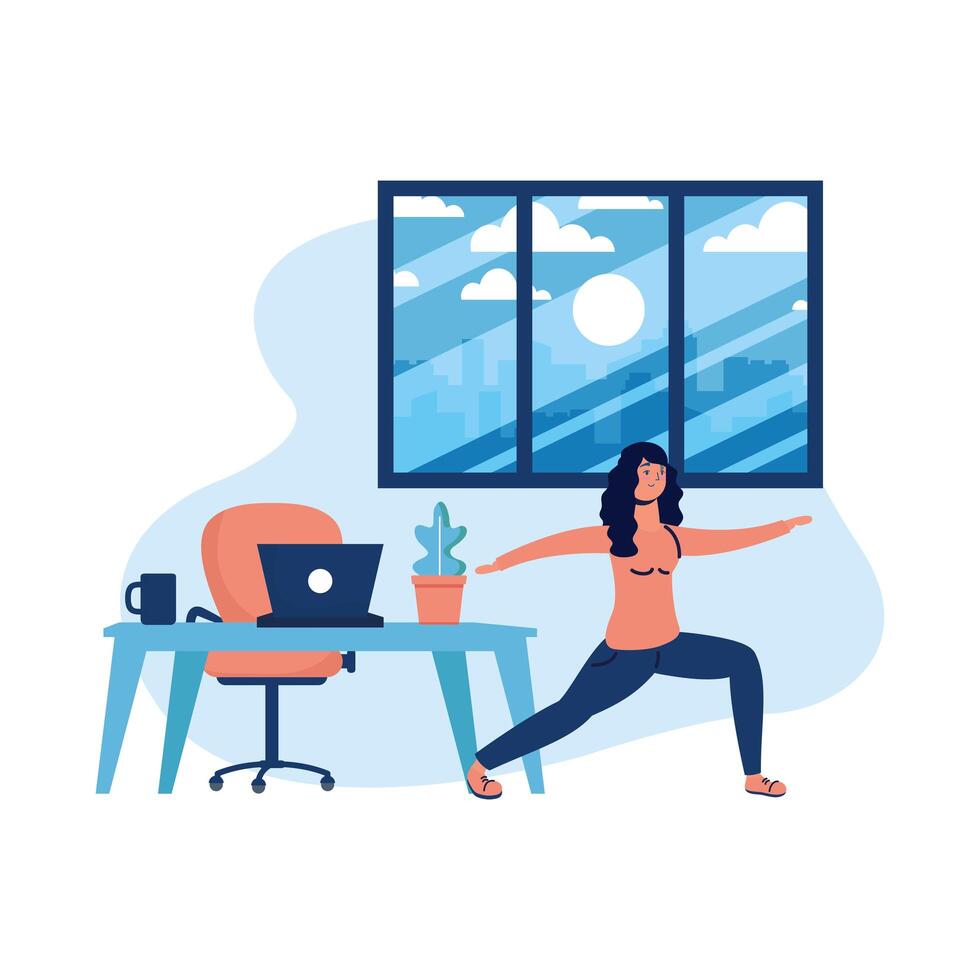 Woman doing yoga and laptop on desk vector design