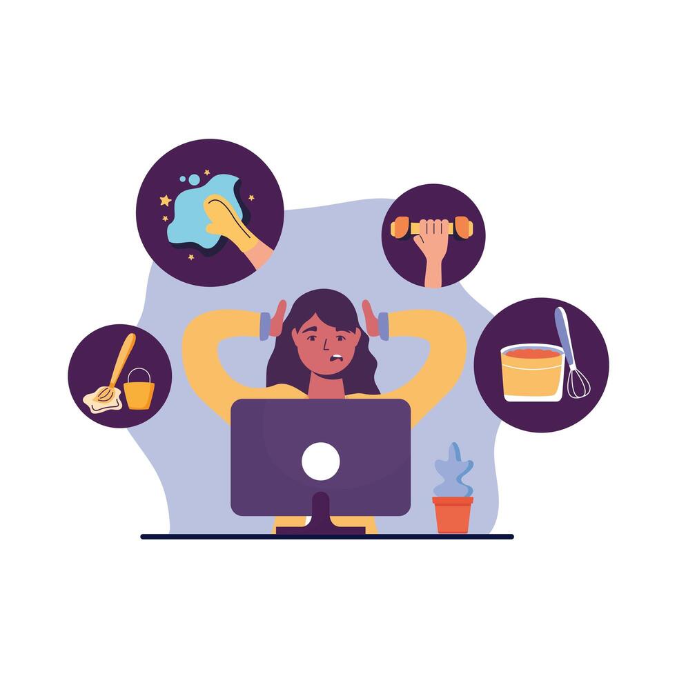 Woman with computer and activities icon set vector design