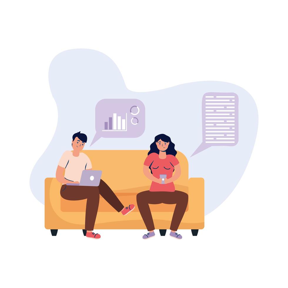 Man and woman with laptop and smartphone on couch vector design