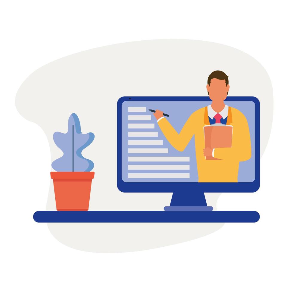 Man on computer and plant inside pot vector design