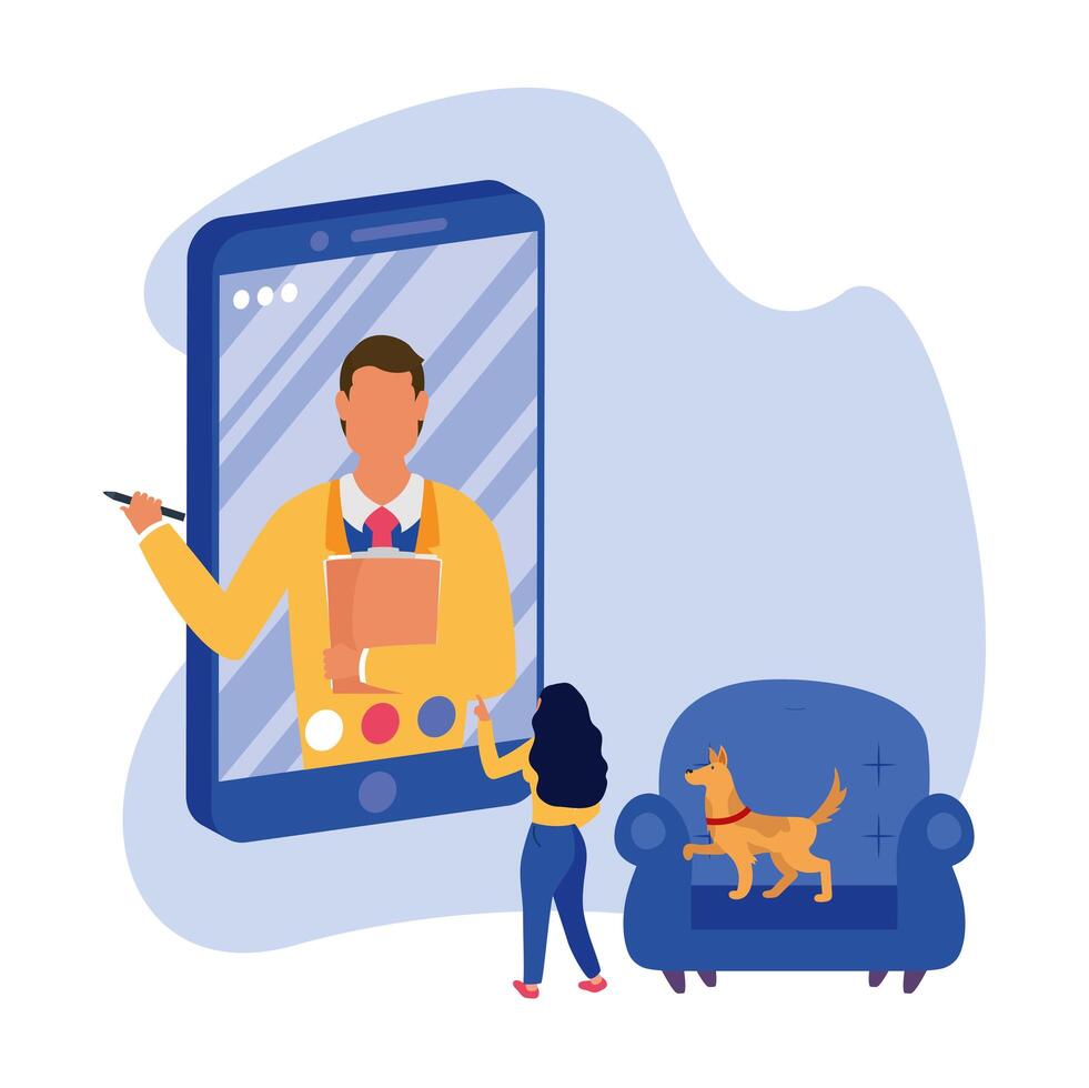 Man on smartphone in video chat woman and dog on chair vector design