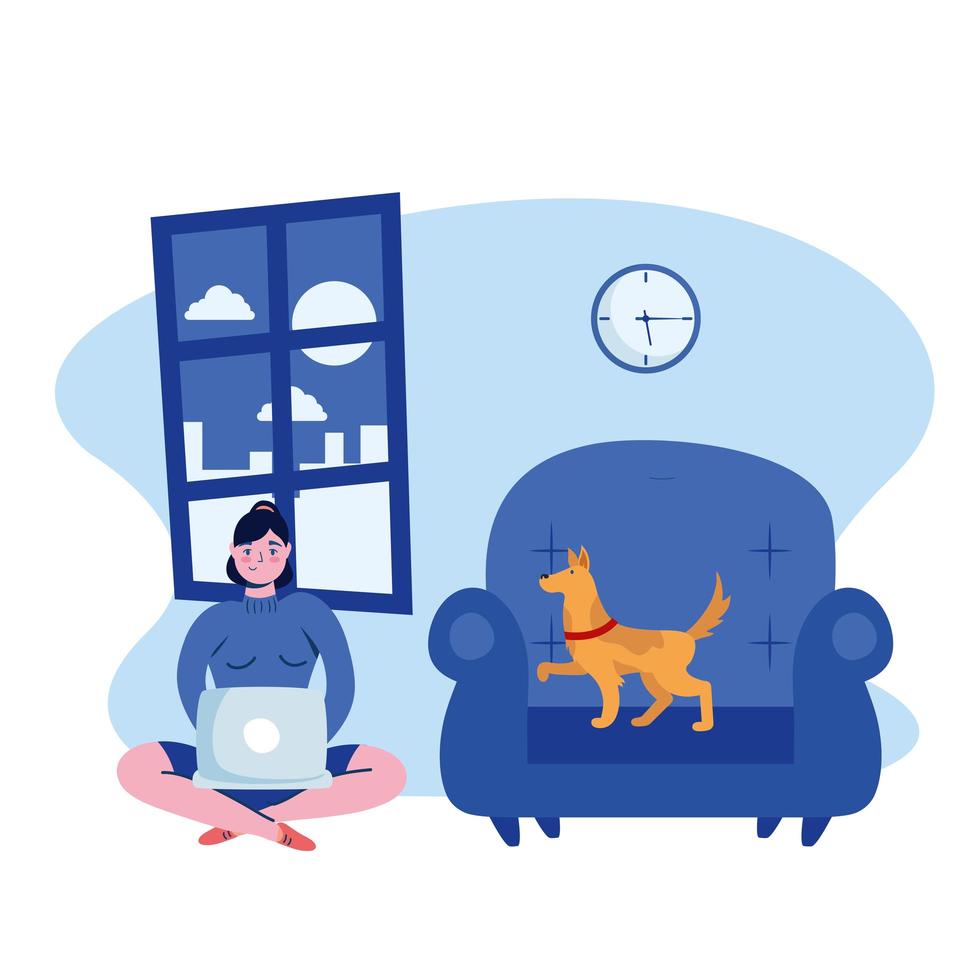 mujer con laptop y perro en silla diseño vectorial vector