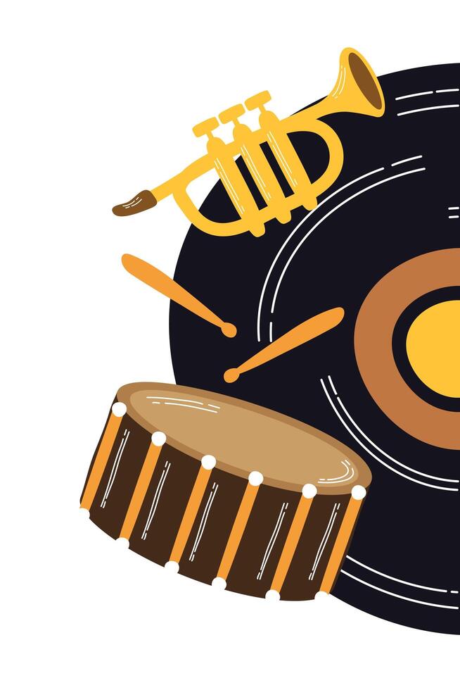 Disco de vinilo musical con instrumentos. vector