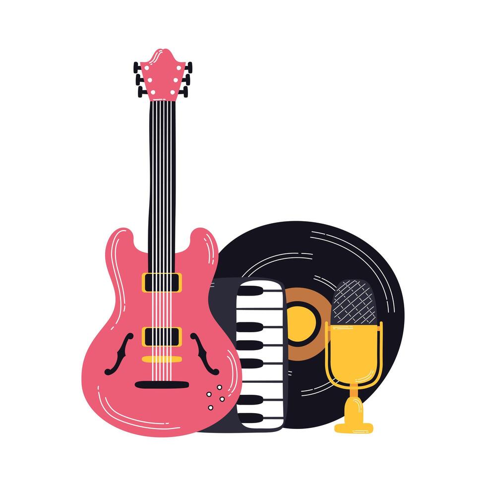 Disco de vinilo musical con instrumentos. vector