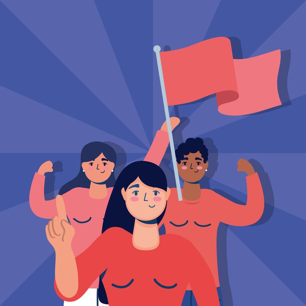 interracial women protesting with flags vector