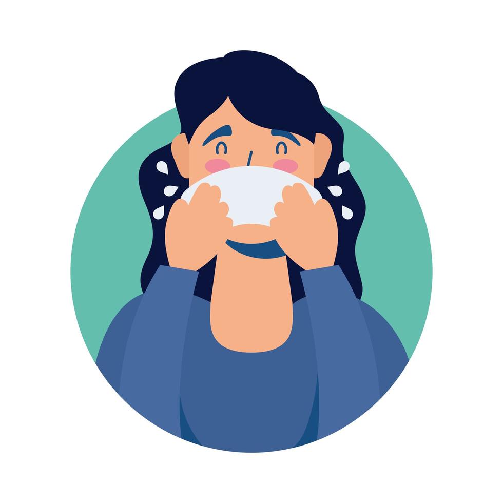 young woman sick with runny nose avatar character vector
