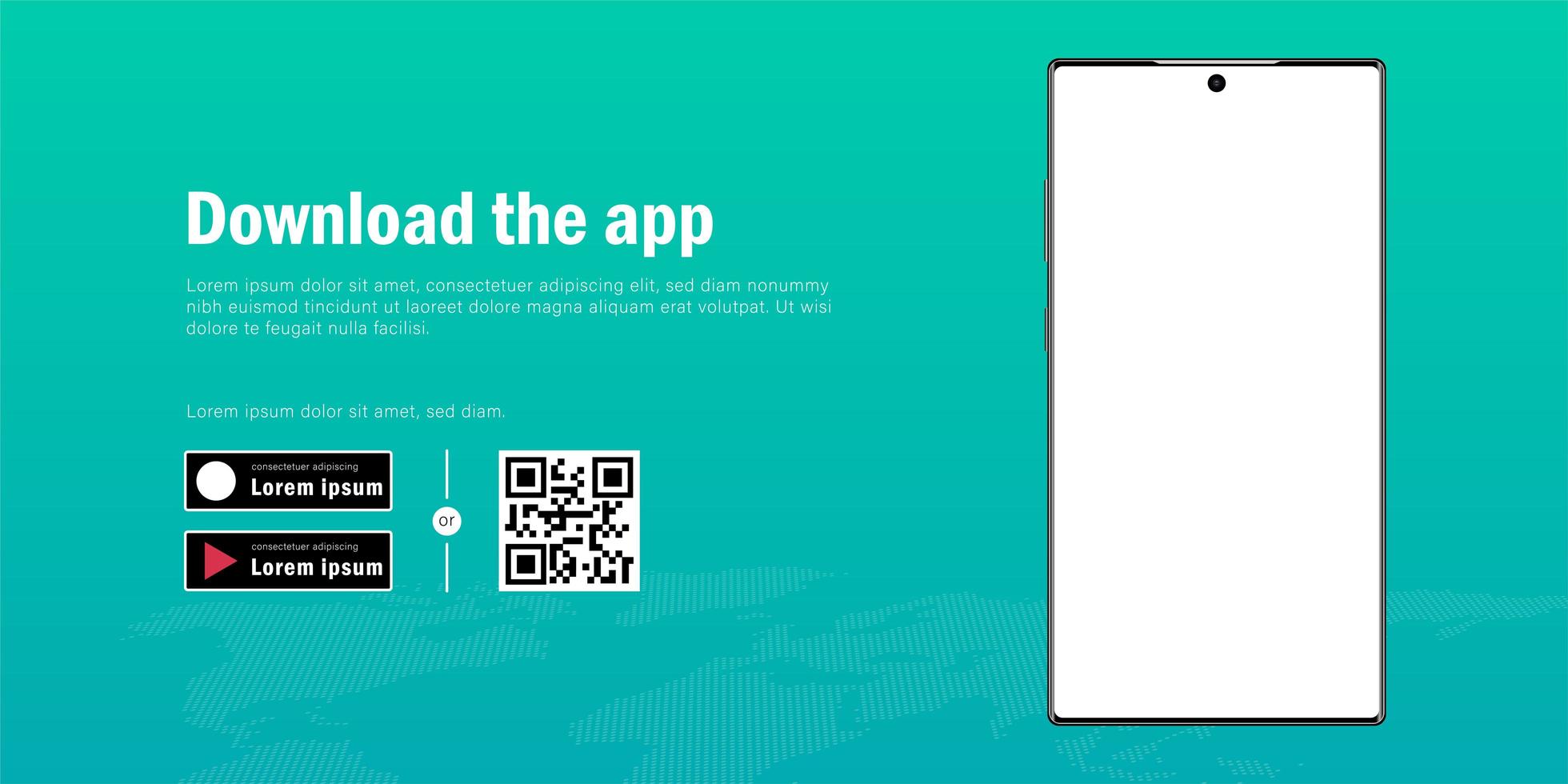 banner web de maqueta de teléfono inteligente móvil con publicidad para descargar la aplicación, el código qr y la plantilla de botones vector