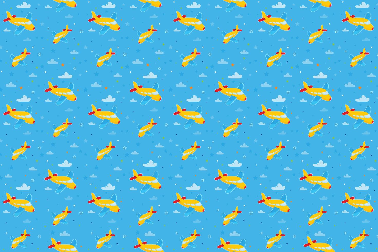 Blue airplane toy pattern design. Boys fabric print with airplane, clouds and stars. Baby boy pattern design vector