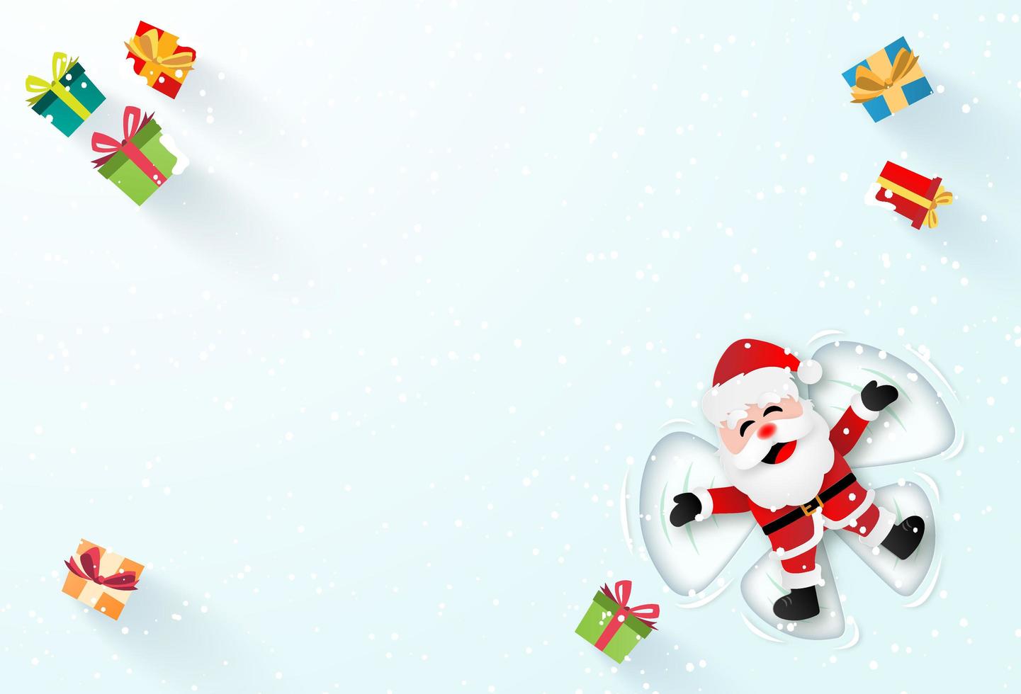 Origami paper art of Santa Claus laying on the snow and make a snow angel, Merry Christmas and Happy New Year vector