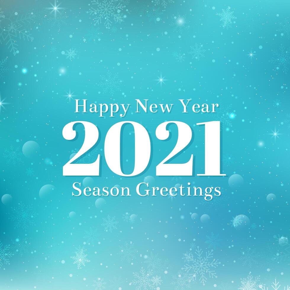 feliz año nuevo 2021 diseño de texto. Ilustración de saludo de vector con números blancos y copos de nieve. Fondo de invierno azul con bokeh, luces y copos de nieve