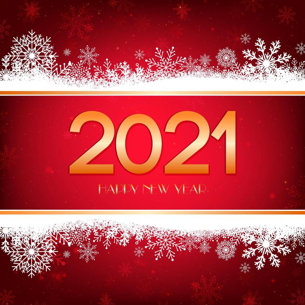 Red Happy New Year background with white snowflakes border and gold typography. vector