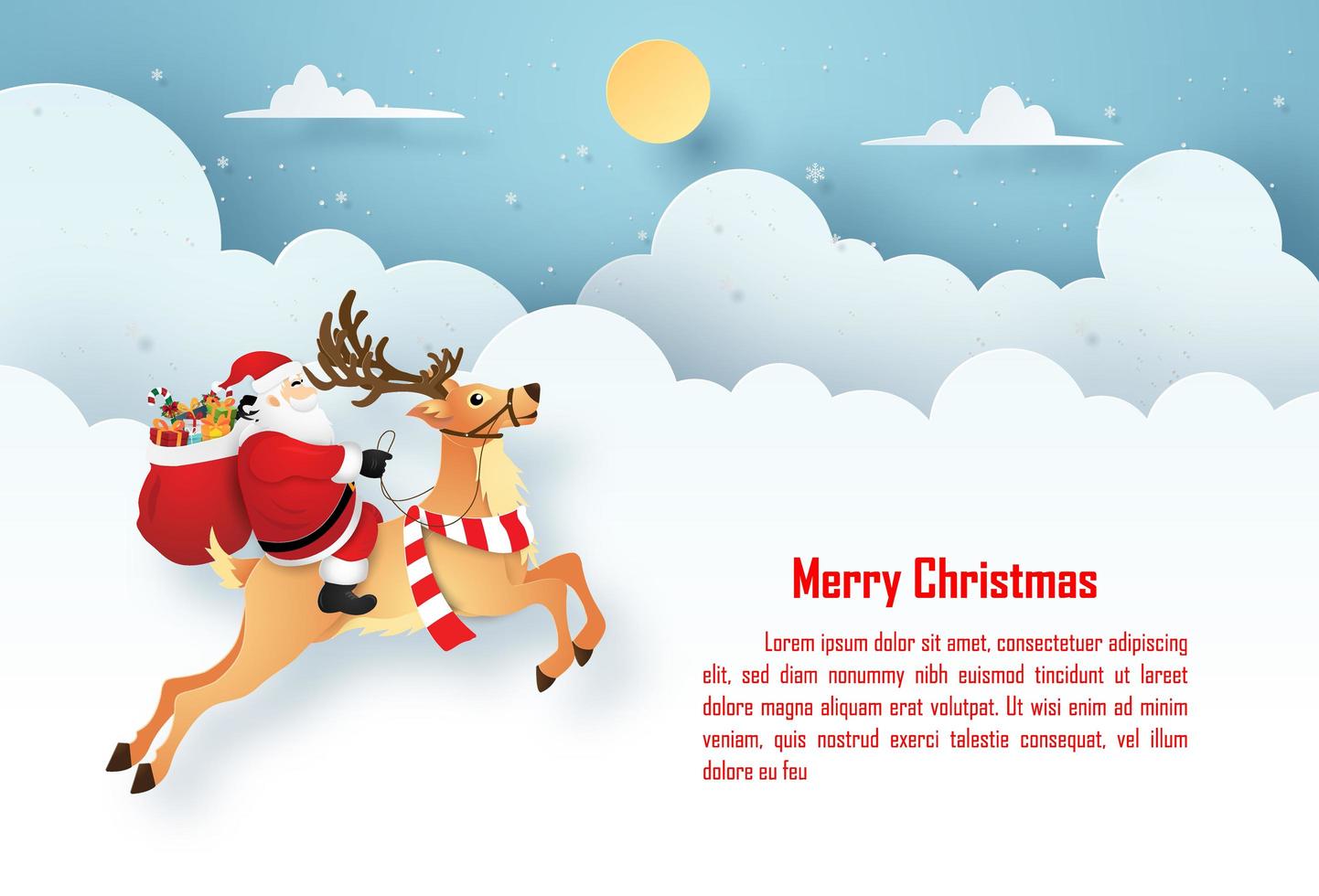 Origami Paper art Christmas postcard Santa Claus and reindeer on the sky with copy space, Merry Christmas and Happy New Year vector