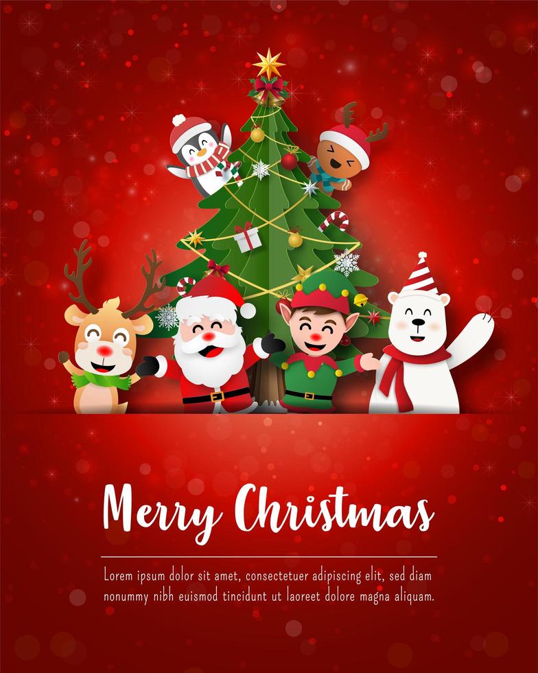 feliz navidad y próspero año nuevo, santa claus y amigos en postal navideña vector