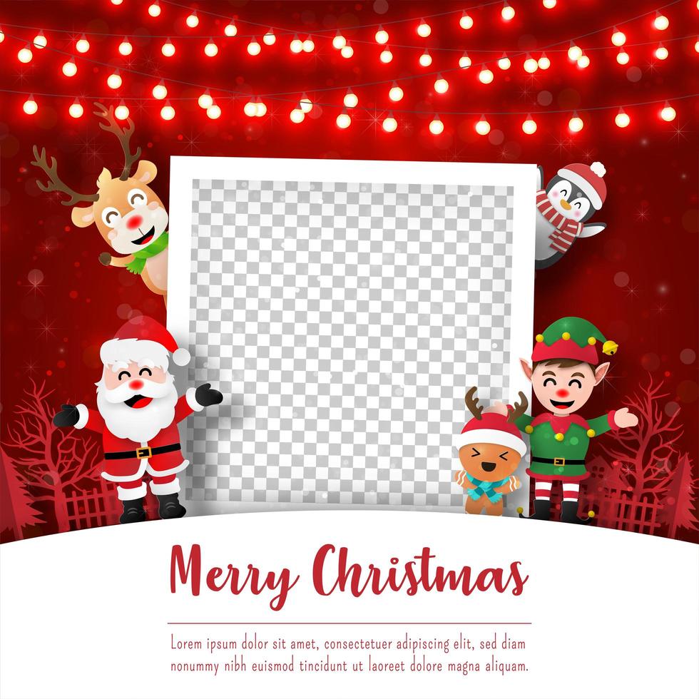 feliz navidad y próspero año nuevo, postal navideña de marco de fotos con santa claus y amigos, estilo de arte en papel vector