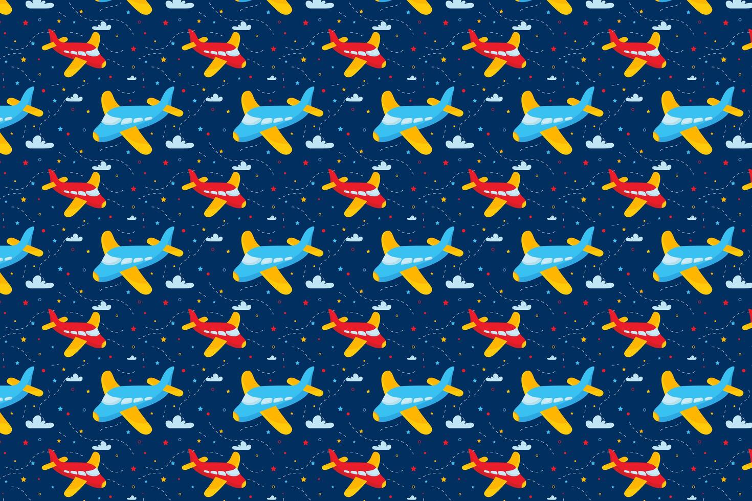 Blue airplane toy pattern design. Boys fabric print with airplane, clouds and stars. Baby boy pattern design vector