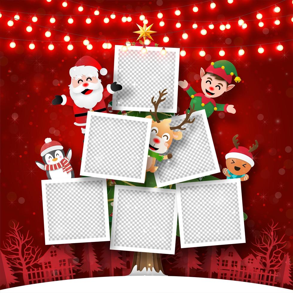 Christmas postcard of photo frame Christmas tree with Santa Claus and friends, Paper art style vector