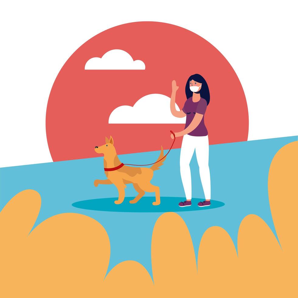 Woman with medical mask and dog at park vector design