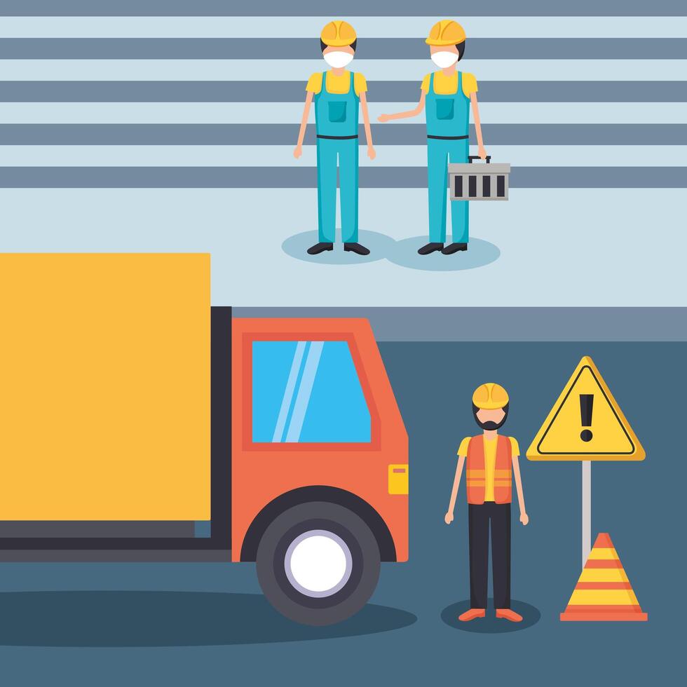 Builder men with masks and truck vector design