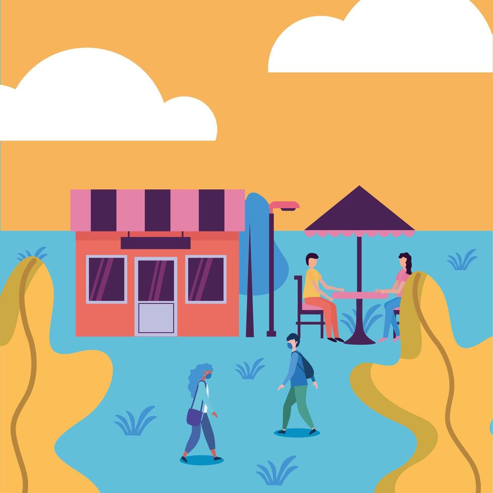 People with medical masks at park with store vector design