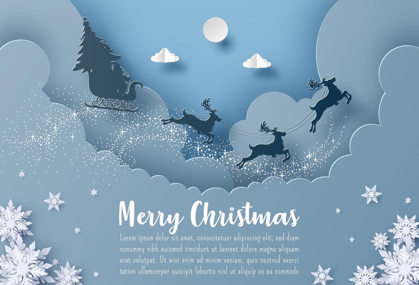 Christmas postcard banner Santa Claus and reindeer flying in the sky vector