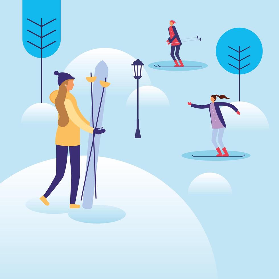Women and man in snow vector design