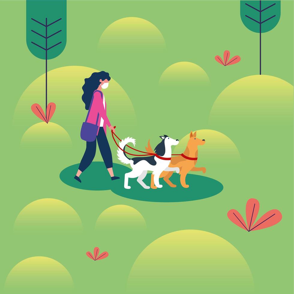 Woman with medical mask and dogs at park vector design