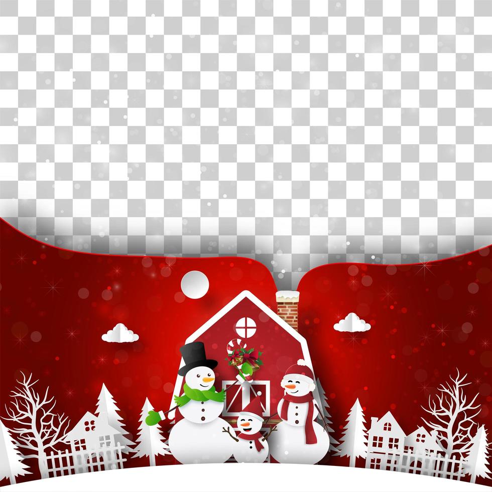 postal de navidad de la casa roja con muñeco de nieve, espacio en blanco para su texto o foto vector